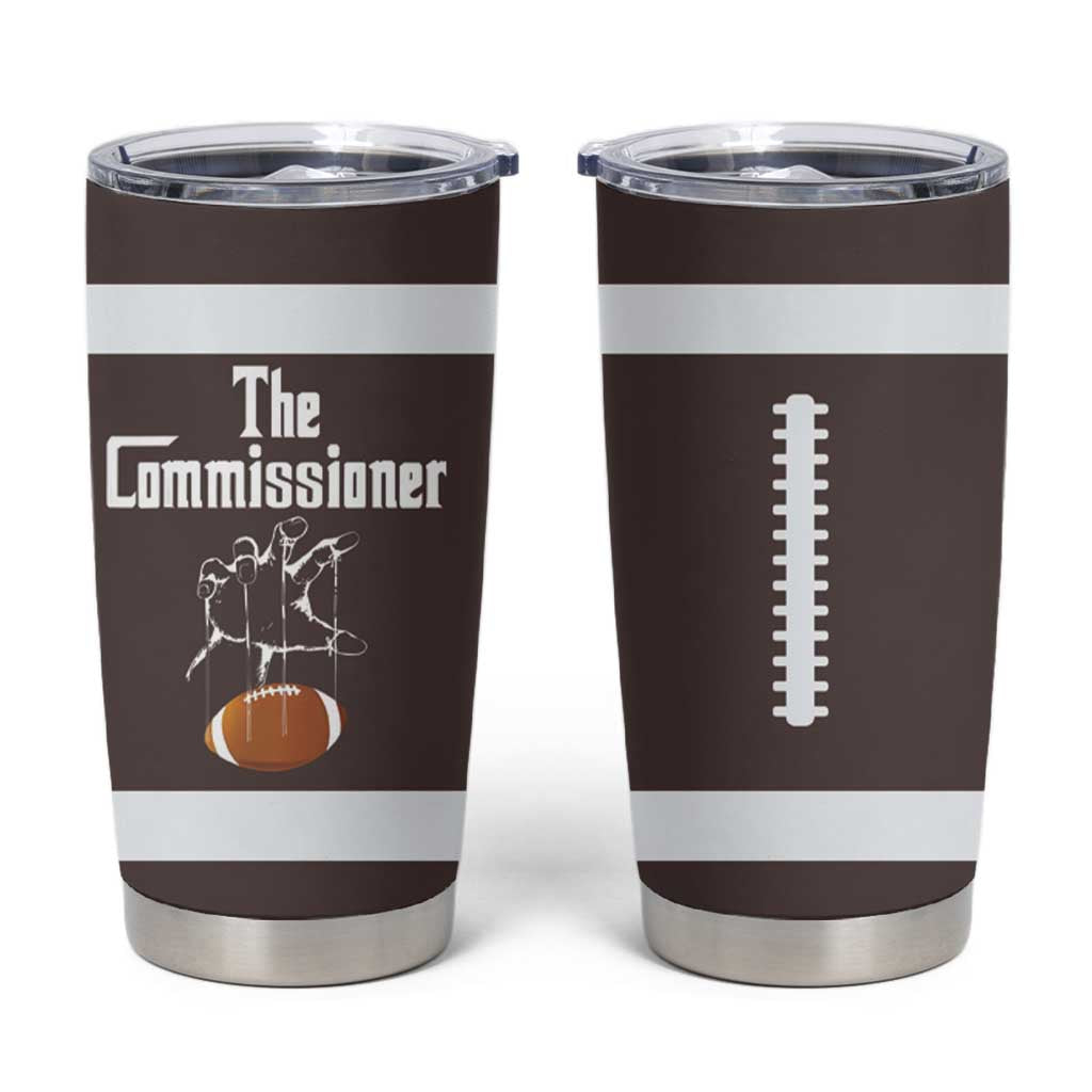 Brown insulated tumbler with clear lid, 'The Commissioner' and football stripe graphic