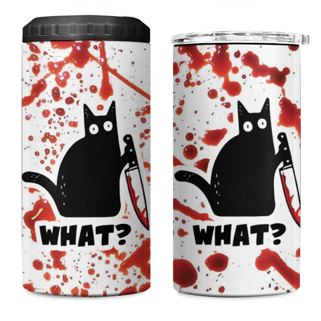 Funny Black Cat What 4 in 1 Can Cooler Tumbler Murderous Cat Holding Knife Halloween Costume Killer - Wonder Print Shop