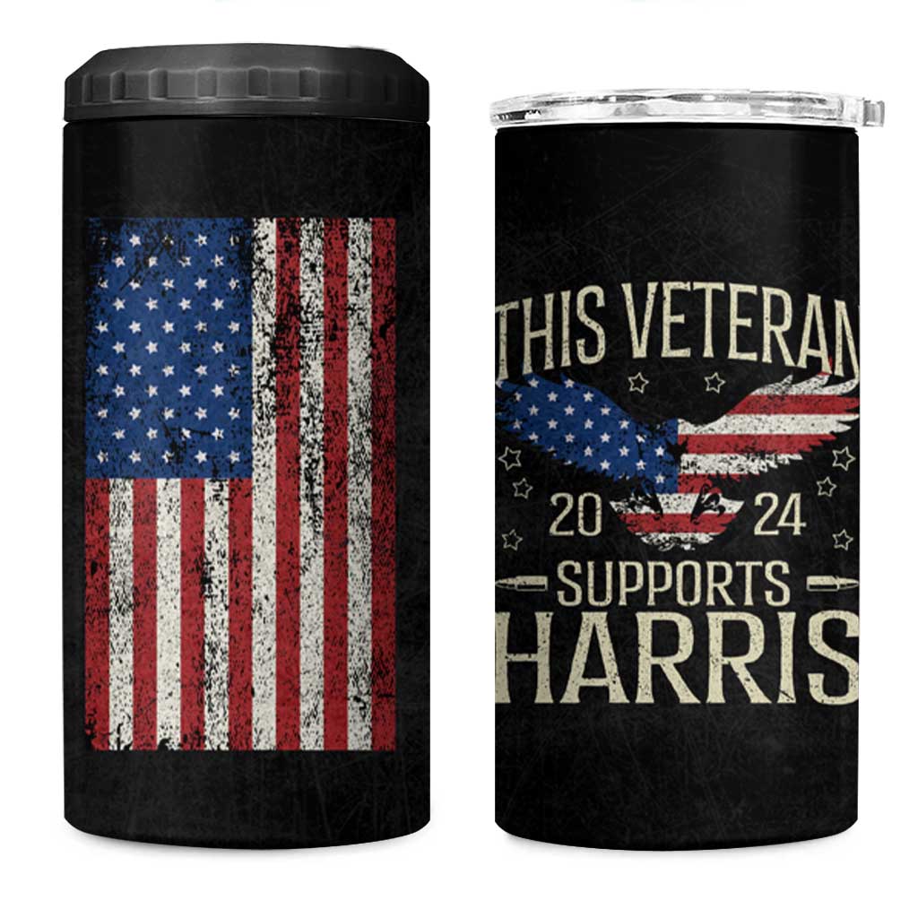 This Veteran Supports Harris 2024 Election 4 in 1 Can Cooler Tumbler American Flag Eagle Grandpa Dad Gifts - Wonder Print Shop