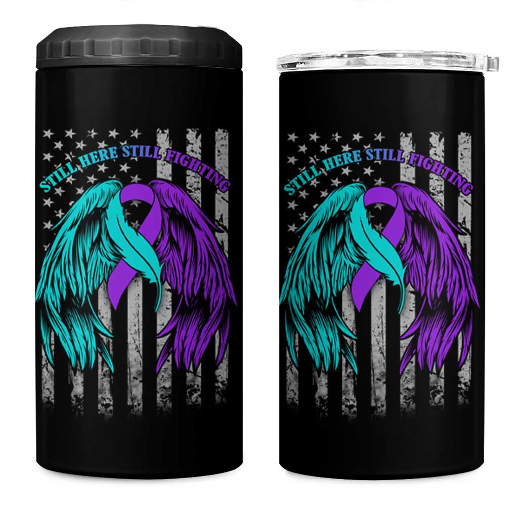 Suicide Prevention Awareness 4 in 1 Can Cooler Tumbler Teal Purple Ribbon Still Here Still Fighting American Flag Therapist Psychologist - Wonder Print Shop