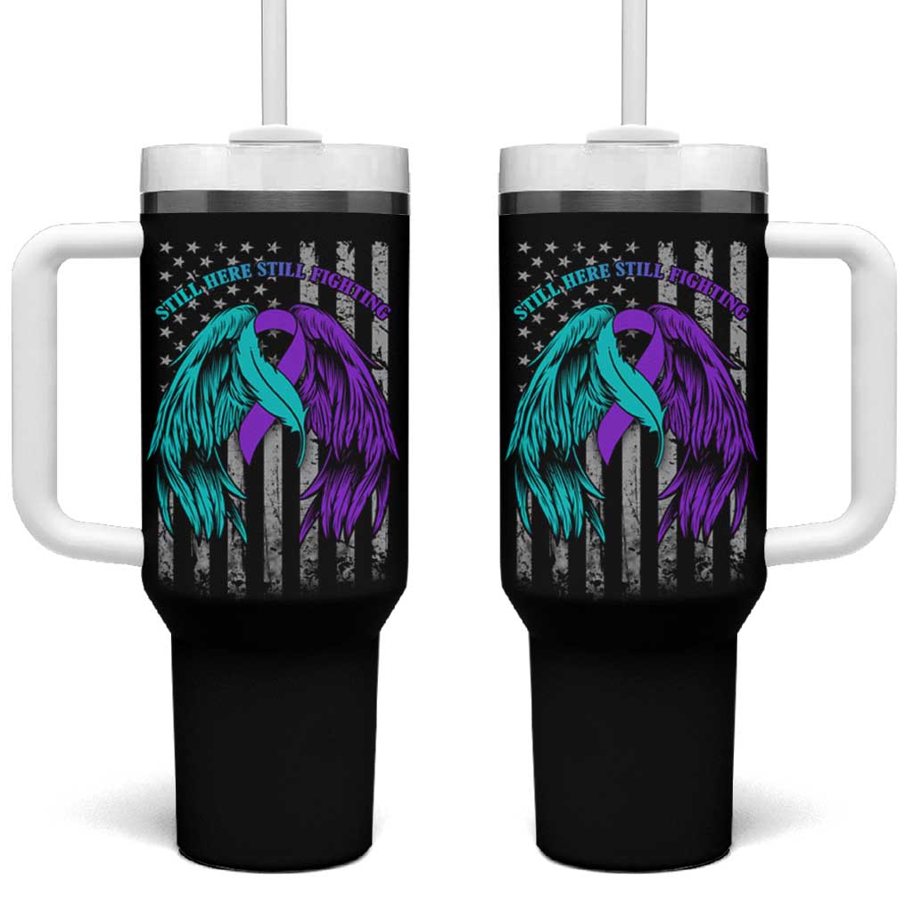 Suicide Prevention Awareness Tumbler With Handle Teal Purple Ribbon Still Here Still Fighting American Flag Therapist Psychologist