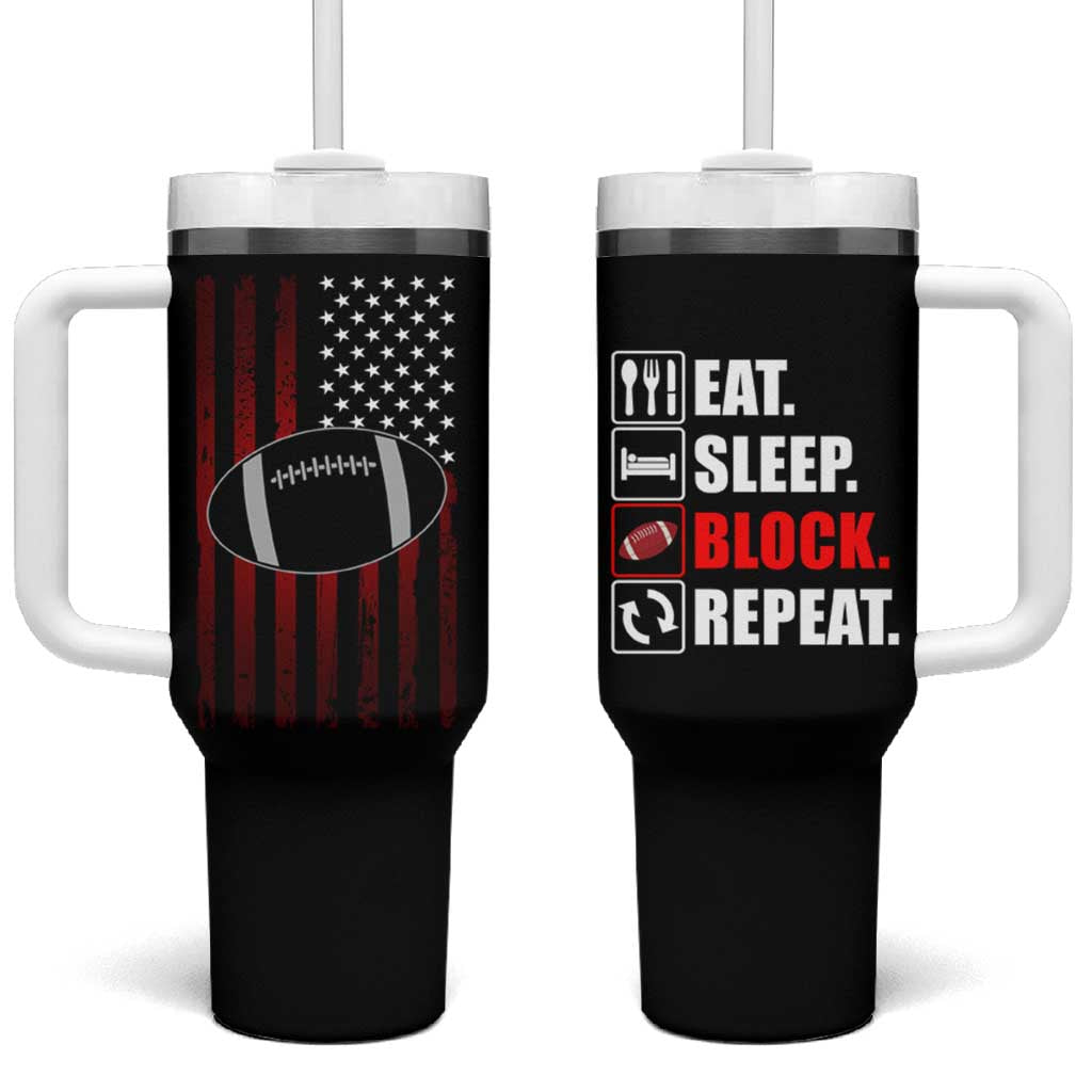 Football Lineman Tumbler With Handle Eat Sleep Block Repeat Patriotic USA  Flag Defensive Linemen Gift For Men