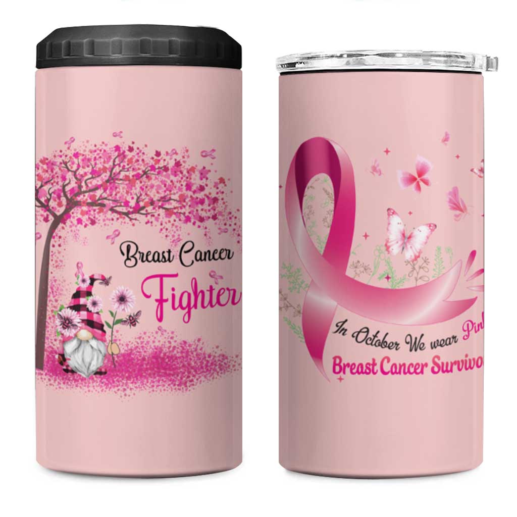 Breast Cancer Awareness 4 in 1 Can Cooler Tumbler In October We Wear Pink Cute Gnome - Wonder Print Shop