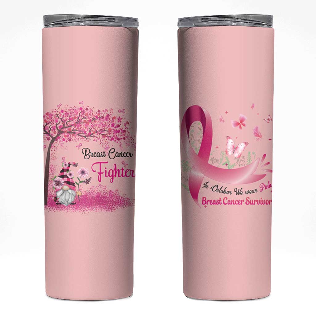 Breast Cancer Awareness Skinny Tumbler In October We Wear Pink Cute Gnome