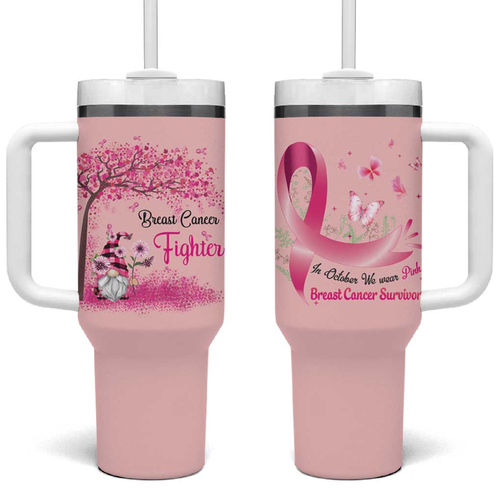 Breast Cancer Awareness Tumbler With Handle In October We Wear Pink Cute Gnome