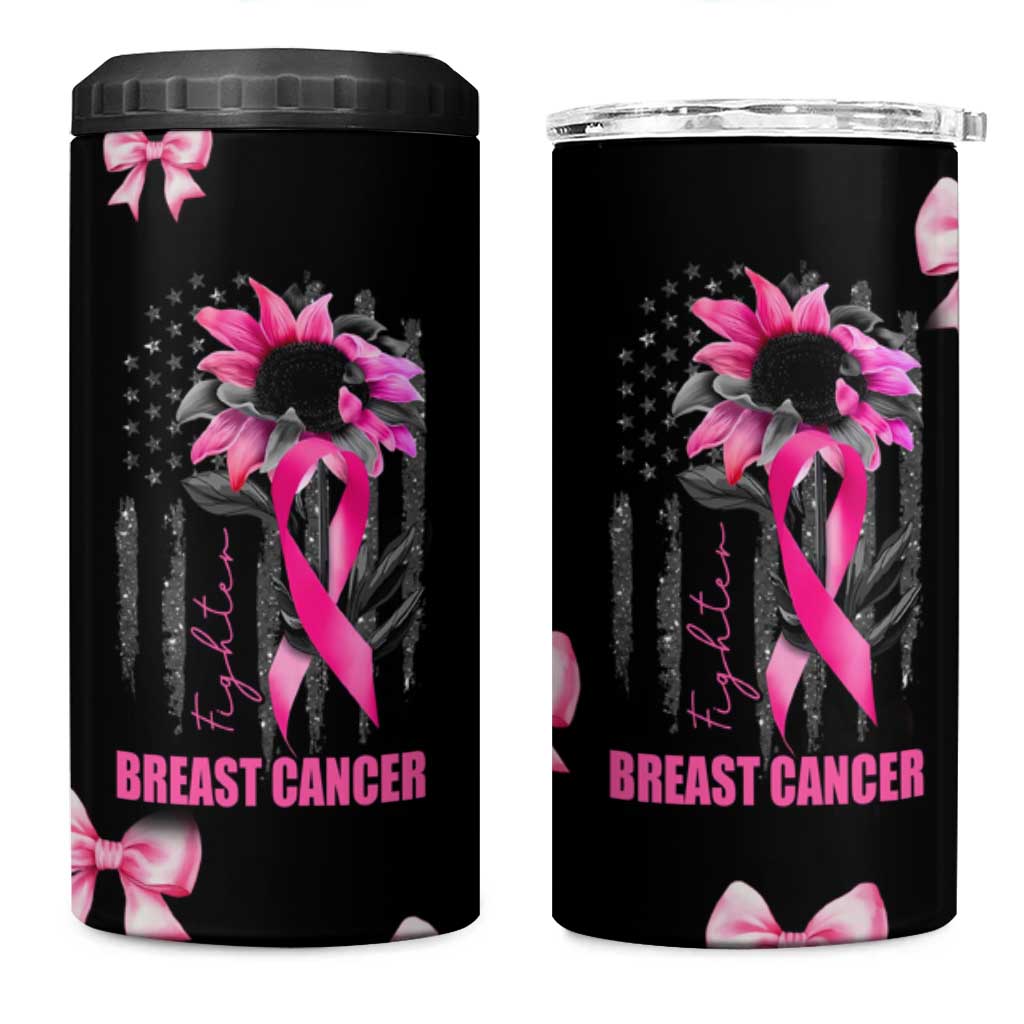 Breast Cancer Survivor 4 in 1 Can Cooler Tumbler Pink Ribbon Sunflower USA Flag - Wonder Print Shop