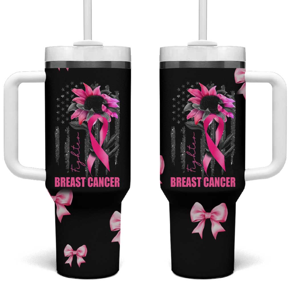 Breast Cancer Survivor Tumbler With Handle Pink Ribbon Sunflower USA Flag