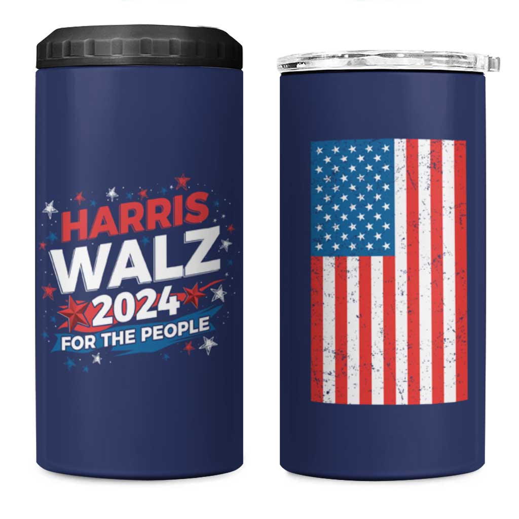 Harris Walz 2024 For The People 4 in 1 Can Cooler Tumbler Vote Blue Vice President VP American Flag - Wonder Print Shop