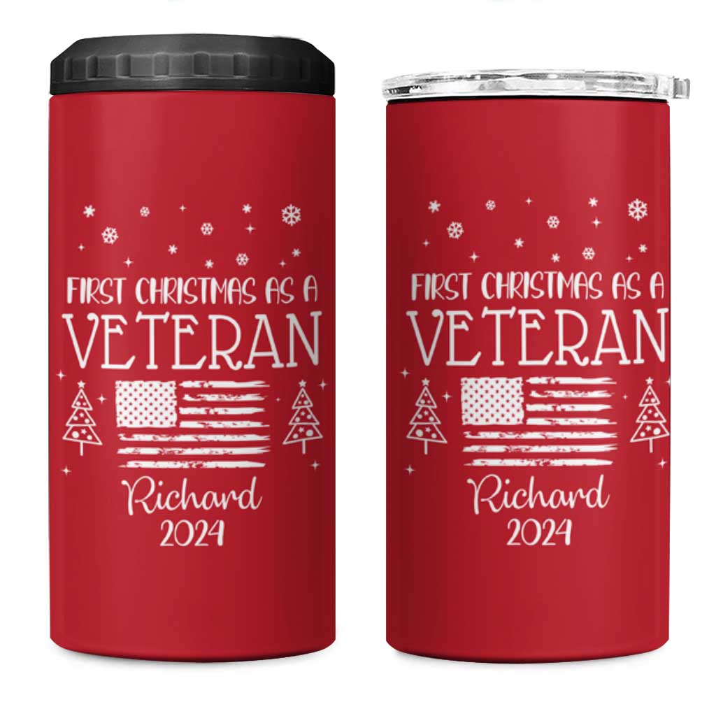 Personalized First Christmas Veteran 4 in 1 Can Cooler Tumbler Custom Name Military Retirement Gift American Flag Red