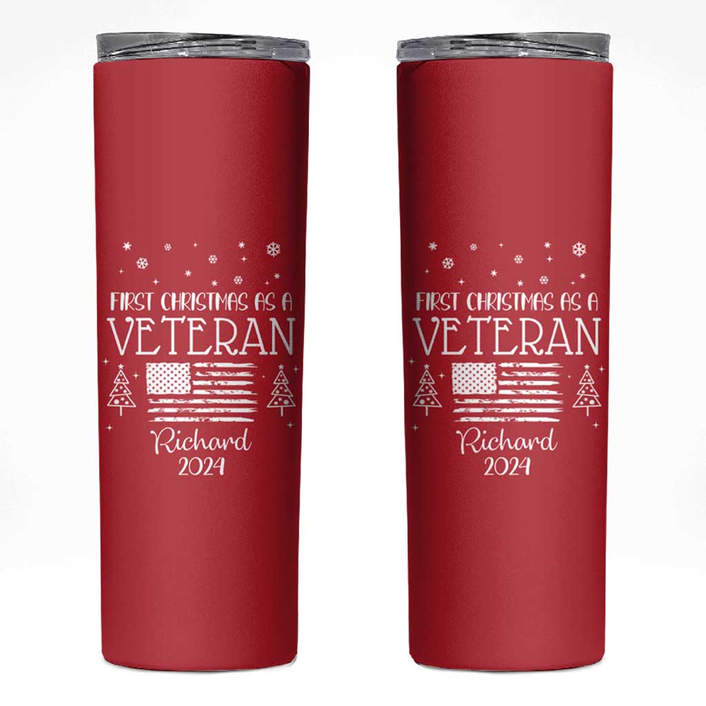 Personalized First Christmas Veteran Skinny Tumbler Custom Name Military Retirement Gift American Flag Red