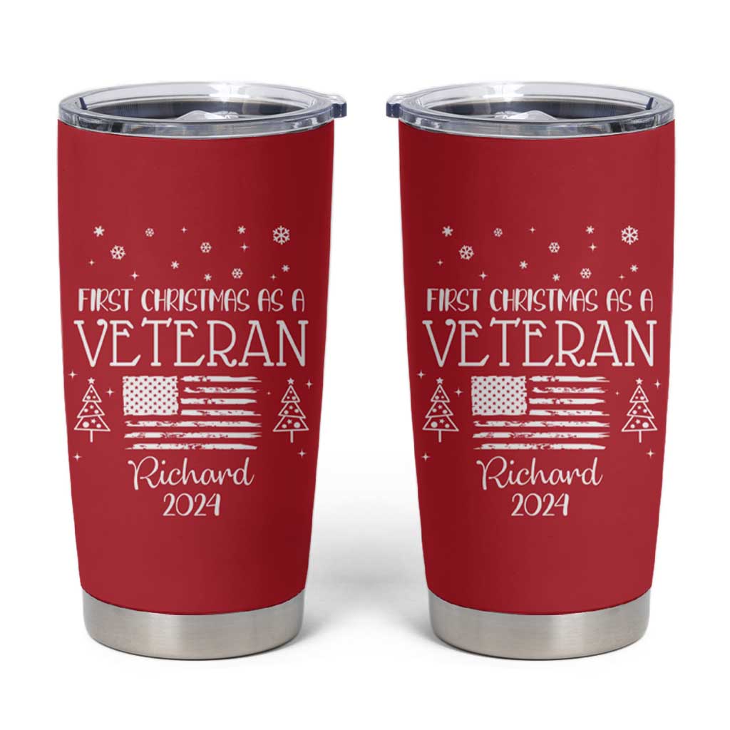 Personalized First Christmas Veteran Tumbler Cup Custom Name Military Retirement Gift American Flag Red