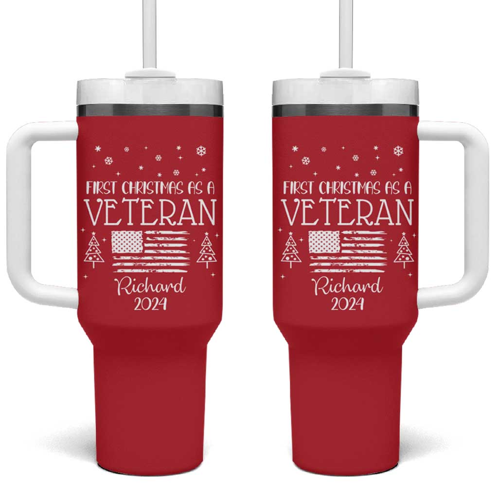 Personalized First Christmas Veteran Tumbler With Handle Custom Name Military Retirement Gift American Flag Red