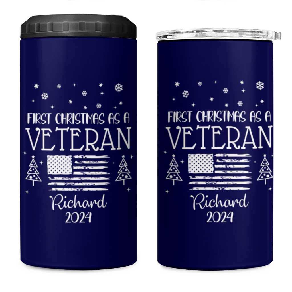 Personalized First Christmas Veteran 4 in 1 Can Cooler Tumbler Custom Name Military Retirement Gift American Flag Navy