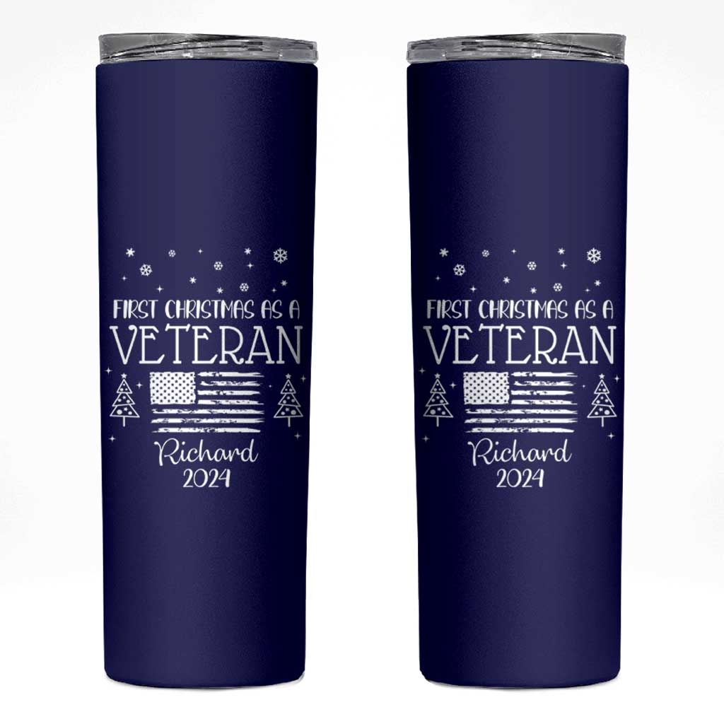 Personalized First Christmas Veteran Skinny Tumbler Custom Name Military Retirement Gift American Flag Navy