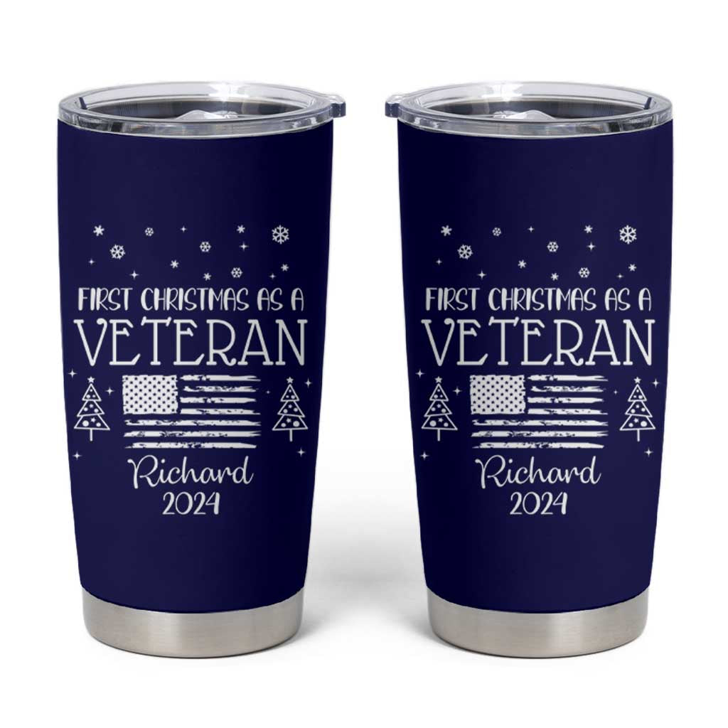 Personalized First Christmas Veteran Tumbler Cup Custom Name Military Retirement Gift American Flag Navy