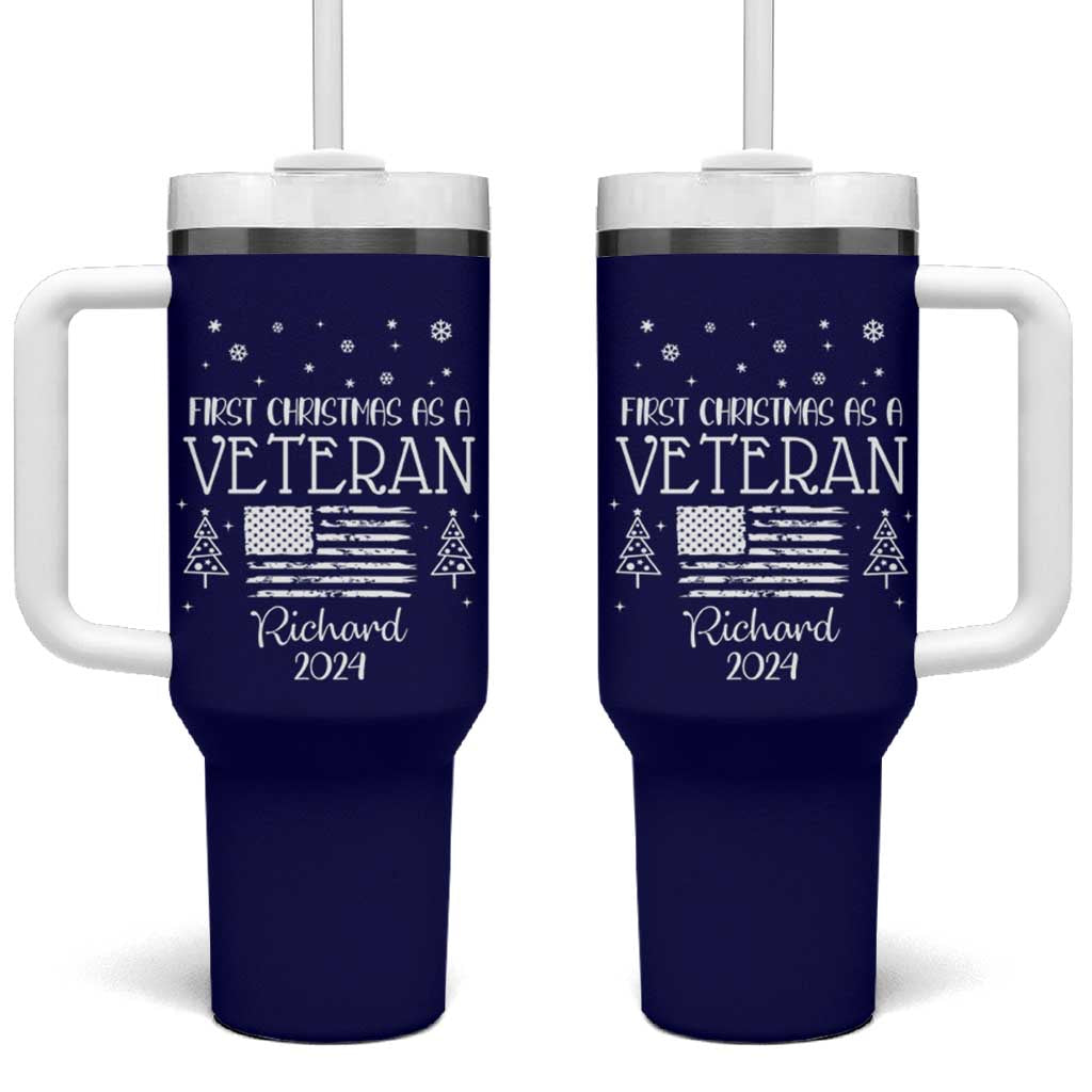 Personalized First Christmas Veteran Tumbler With Handle Custom Name Military Retirement Gift American Flag Navy