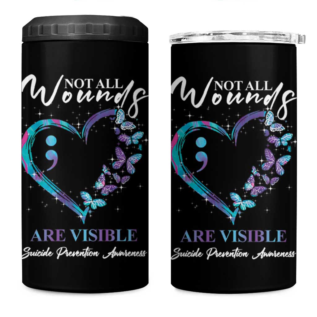 Suicide Prevention Awareness 4 in 1 Can Cooler Tumbler Teal Purple Semicolon Butterfly Not All Wounds Are Visible Mental Health - Wonder Print Shop