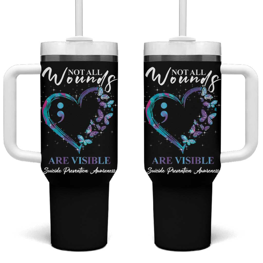 Suicide Prevention Awareness Tumbler With Handle Teal Purple Semicolon Butterfly Not All Wounds Are Visible Mental Health