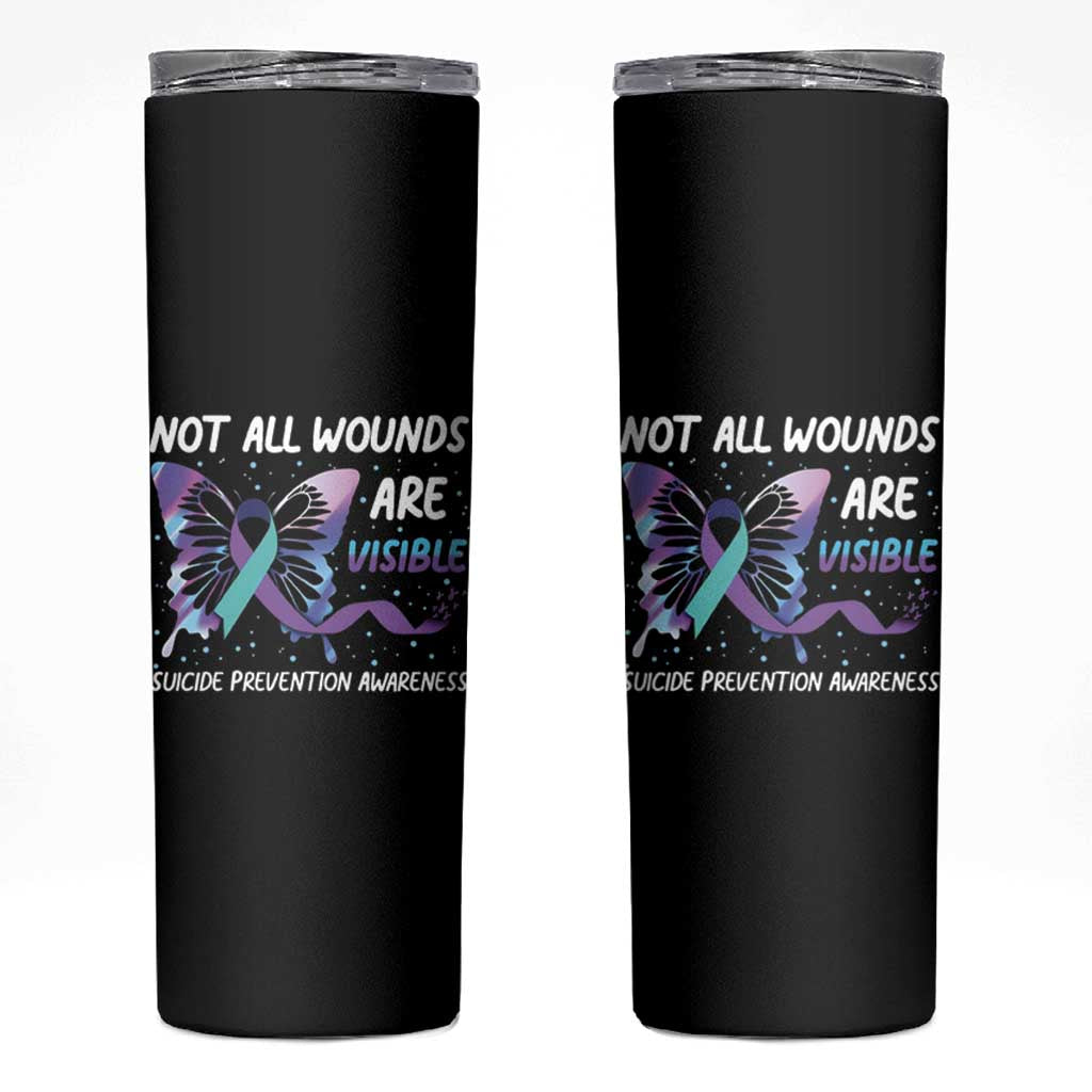 Suicide Prevention Awareness Skinny Tumbler Teal Purple Ribbon Butterfly Not All Wounds Are Visible Mental Health