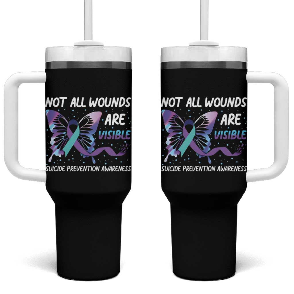 Suicide Prevention Awareness Tumbler With Handle Teal Purple Ribbon Butterfly Not All Wounds Are Visible Mental Health