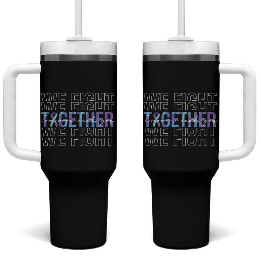 Suicide Prevention Awareness Tumbler With Handle Teal Purple Ribbon We Fight Together Mental Health