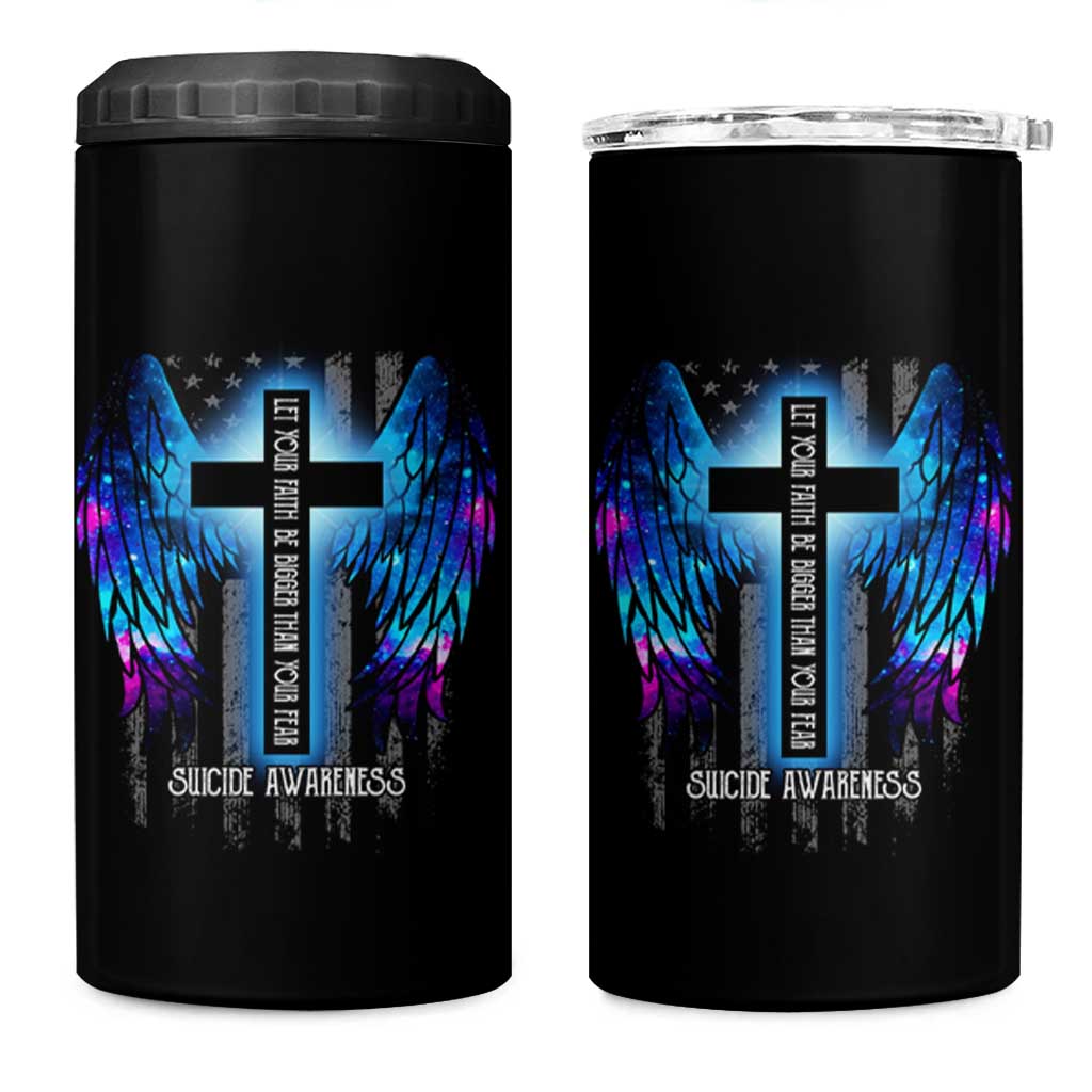 Suicide Prevention Awareness 4 in 1 Can Cooler Tumbler Let Your Faith Be Bigger Than Your Fear Teal Purple Christian American Flag - Wonder Print Shop