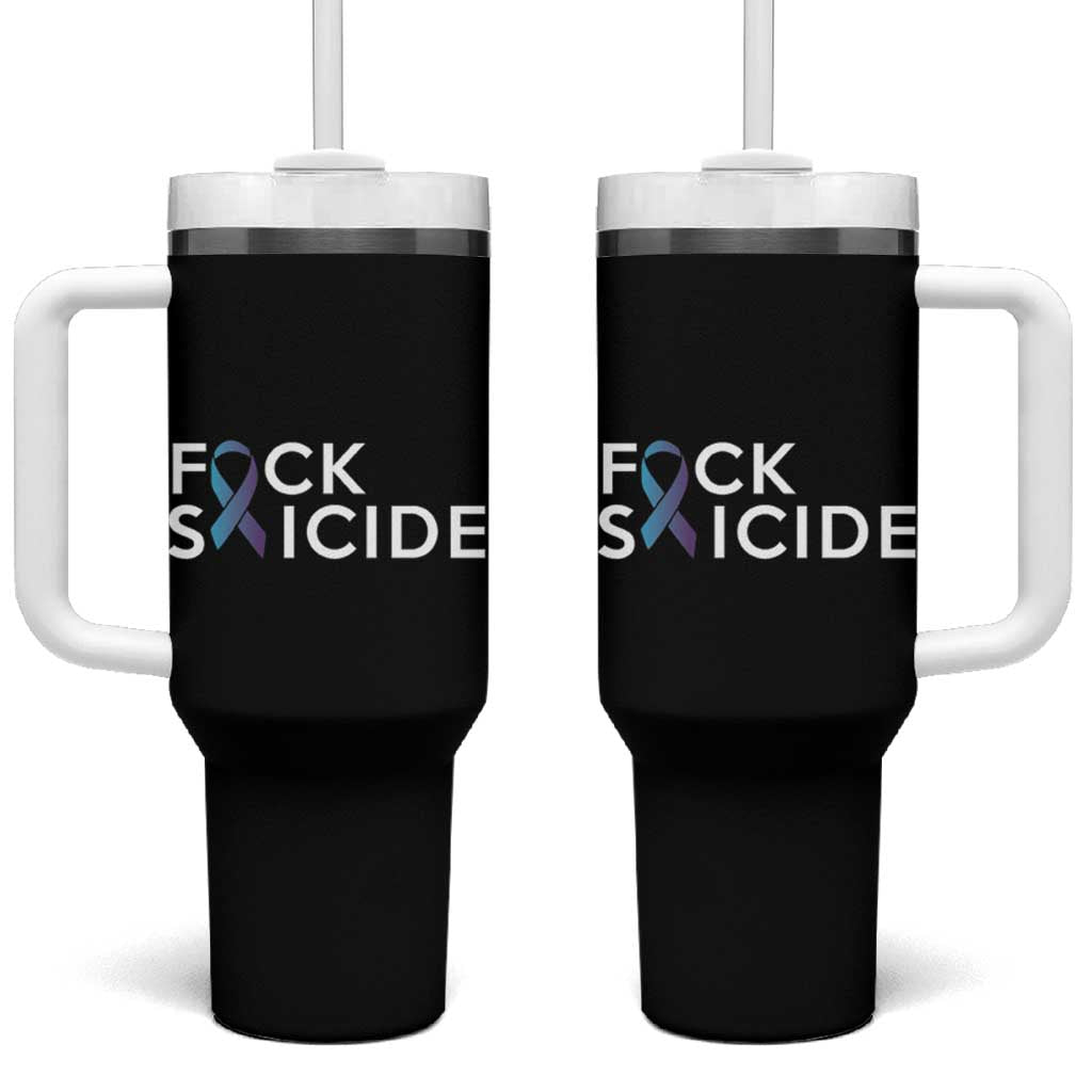 Suicide Prevention Awareness Tumbler With Handle Teal Purple Ribbon Fuck Suicide