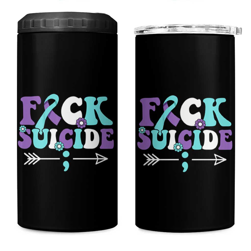 Suicide Prevention Awareness 4 in 1 Can Cooler Tumbler Teal Purple Ribbon Fuck Suicide - Wonder Print Shop