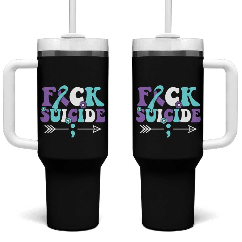 Suicide Prevention Awareness Tumbler With Handle Teal Purple Ribbon Fuck Suicide