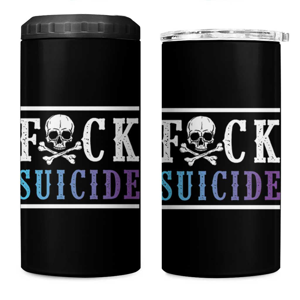 Suicide Prevention Awareness 4 in 1 Can Cooler Tumbler Teal Purple Fuck Suicide Skull and Crossbones Skeleton - Wonder Print Shop