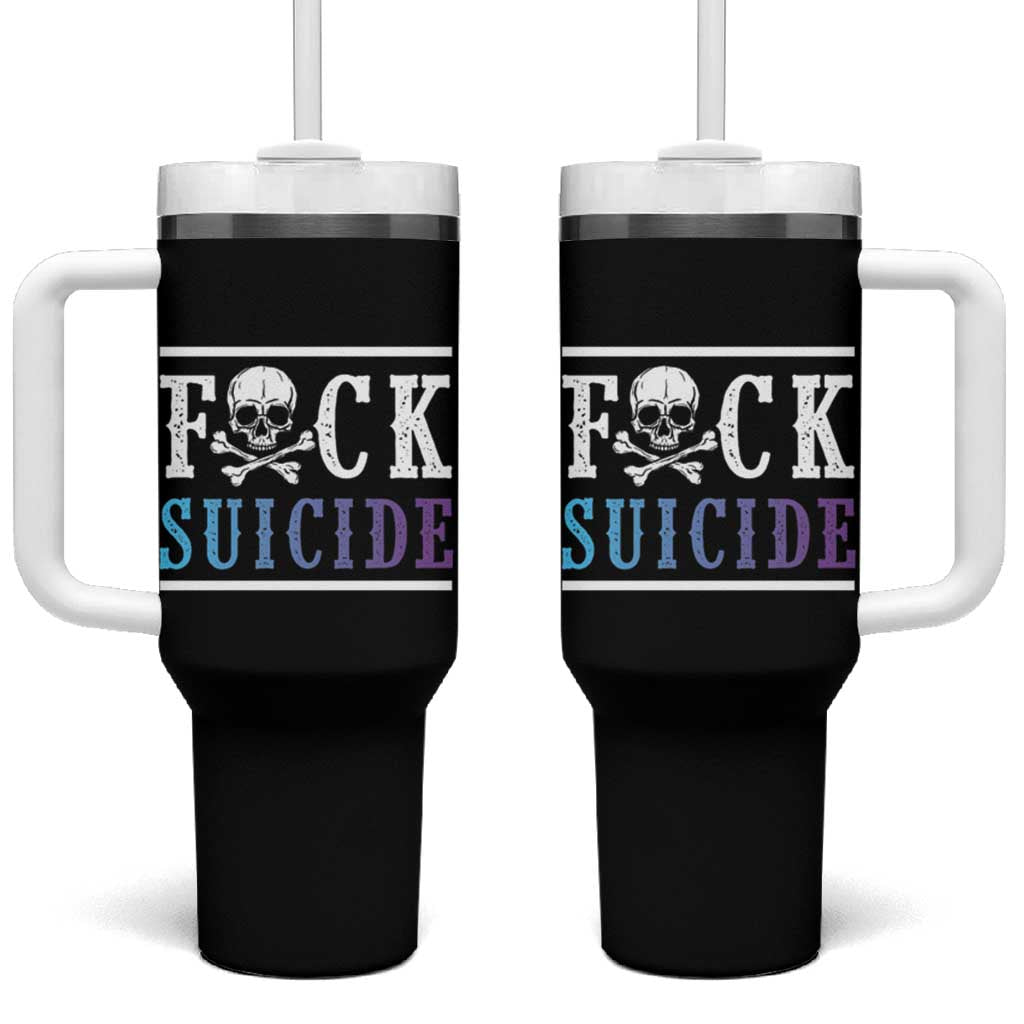 Suicide Prevention Awareness Tumbler With Handle Teal Purple Fuck Suicide Skull and Crossbones Skeleton