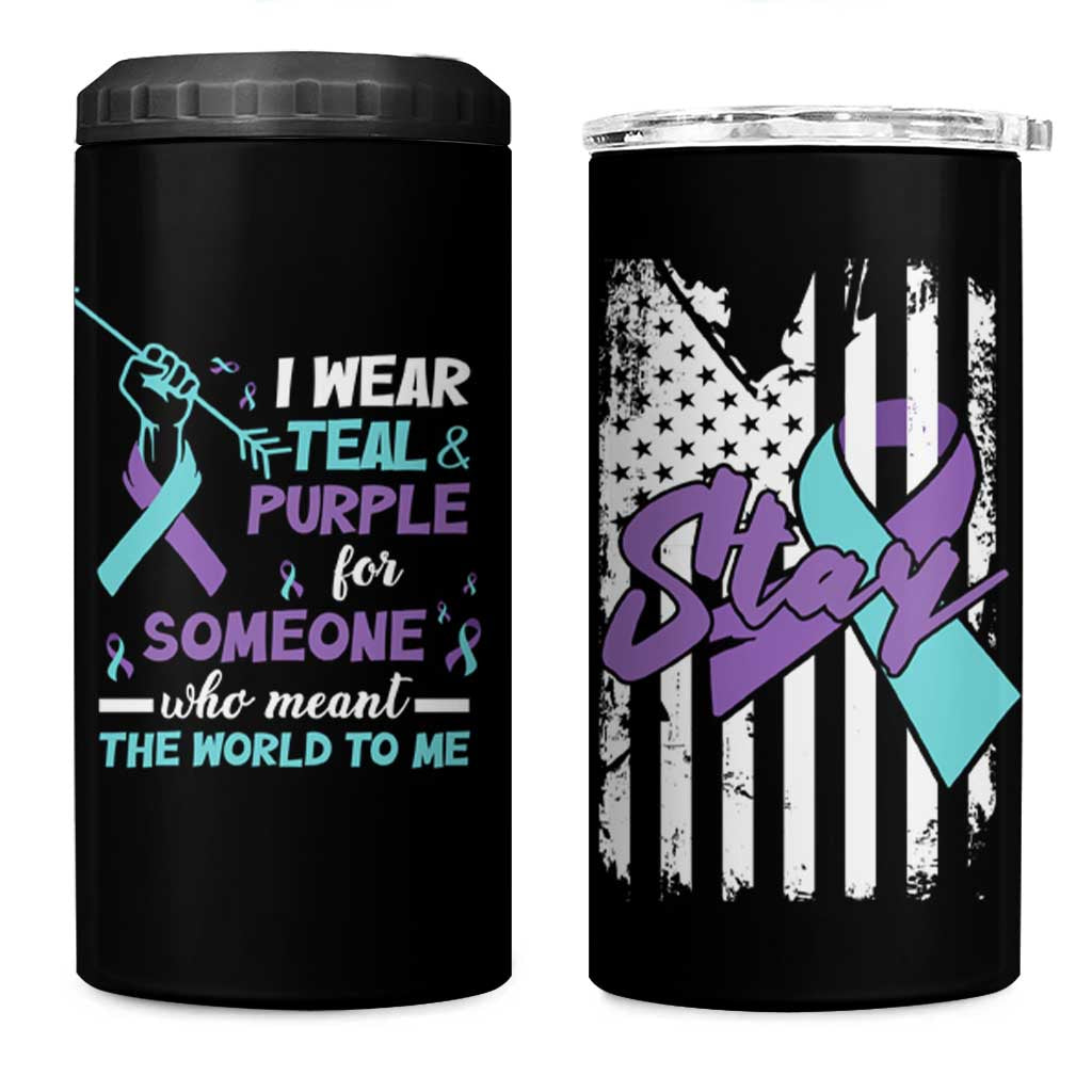 Suicide Prevention Awareness 4 in 1 Can Cooler Tumbler American Flag Teal & Purple Ribbon Support You Matter Therapist Psychologist - Wonder Print Shop