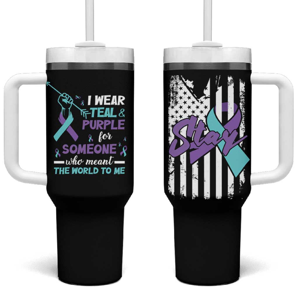 Suicide Prevention Awareness Tumbler With Handle American Flag Teal & Purple Ribbon Support You Matter Therapist Psychologist