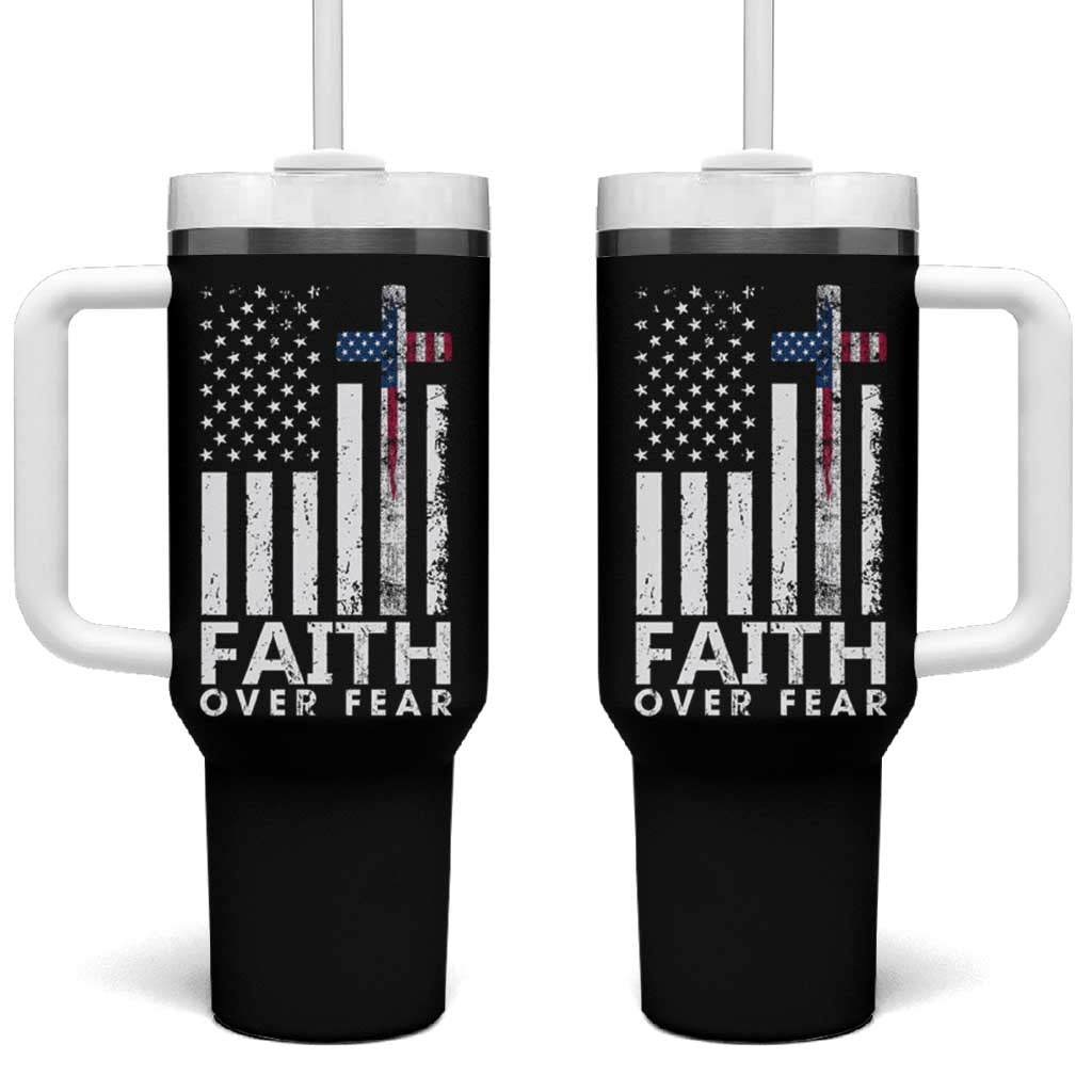 Christian Religious Sayings Tumbler With Handle USA Flag Patriotic American Gift Faith Over Fear Prayer