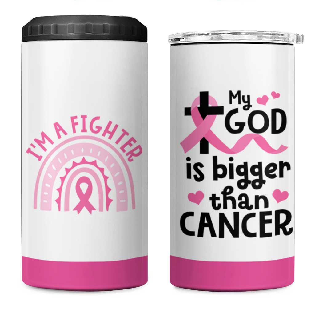 Breast Cancer Awareness 4 in 1 Can Cooler Tumbler Pink Ribbon My God is Stronger Than Cancer Christian Gift - Wonder Print Shop