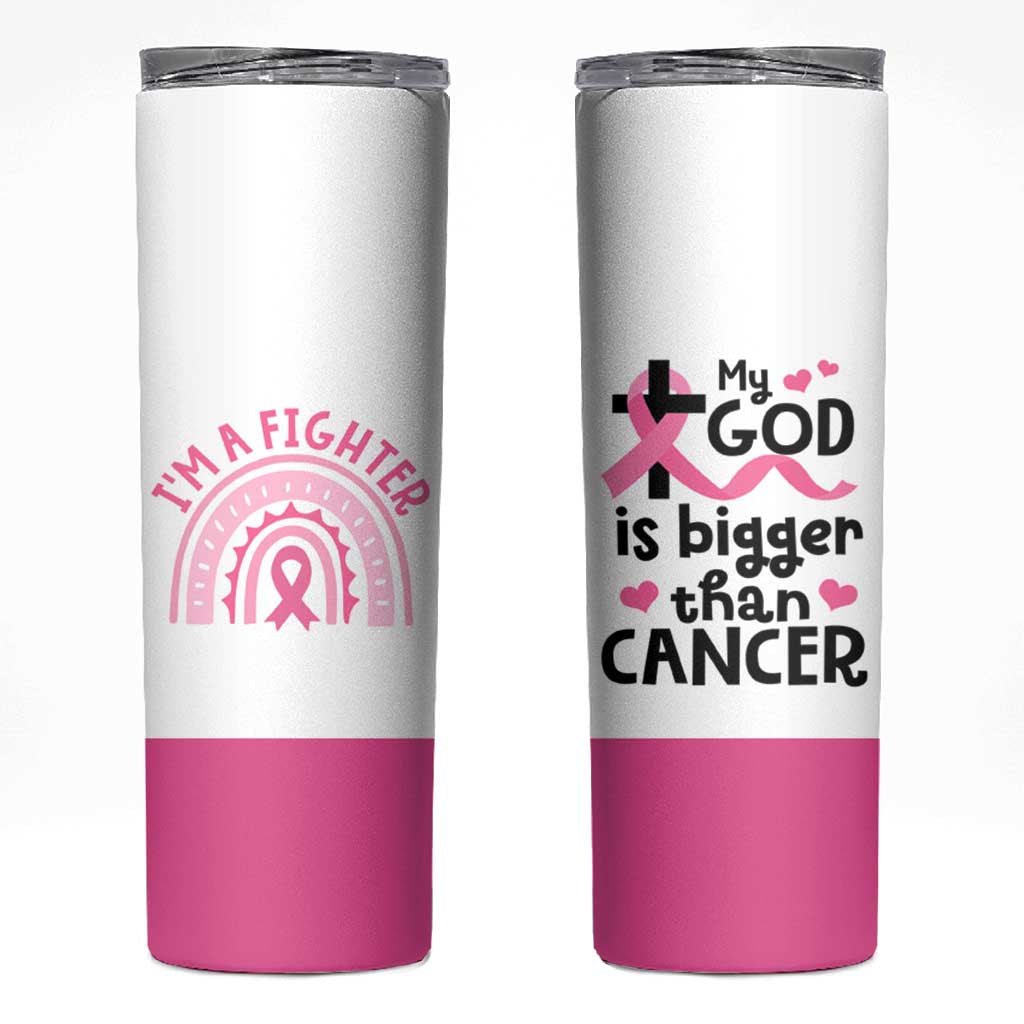 Breast Cancer Awareness Skinny Tumbler Pink Ribbon My God is Stronger Than Cancer Christian Gift