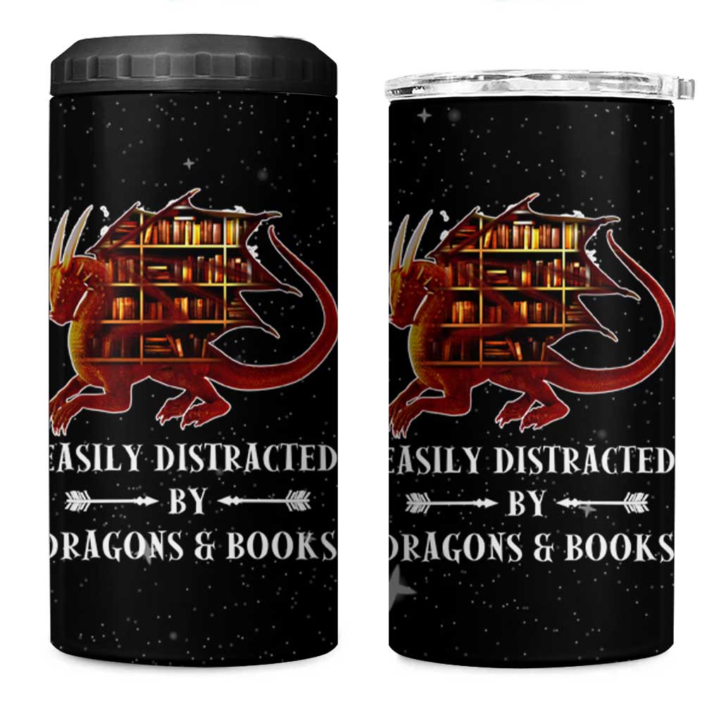 Dragon Book Lovers Gifts 4 in 1 Can Cooler Tumbler Easily Distracted By Books And Dragons Nerds - Wonder Print Shop