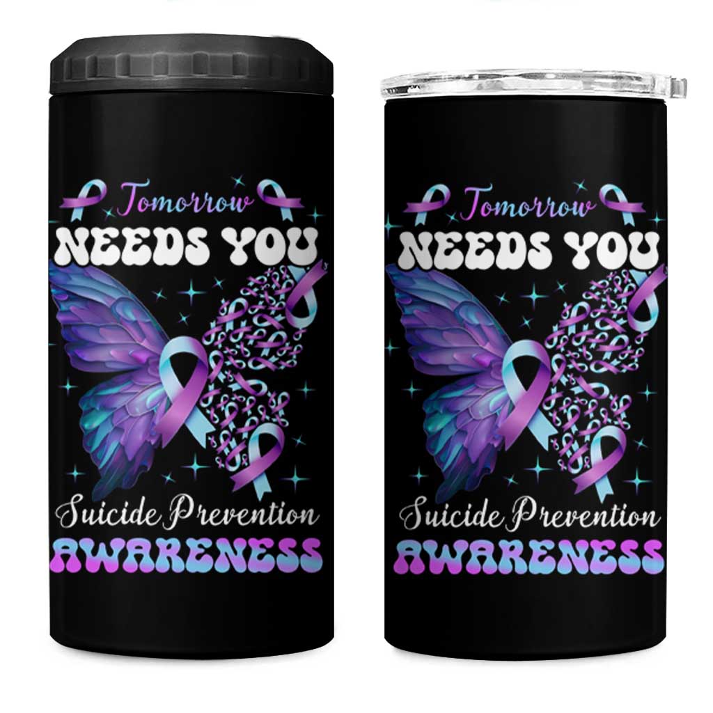 Suicide Prevention Awareness 4 in 1 Can Cooler Tumbler Teal Purple Ribbon Butterfly Stay Tomorrow Needs You Therapist Psychologist - Wonder Print Shop