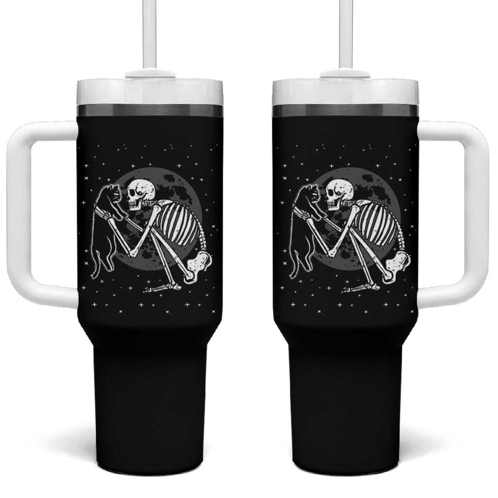 Skeleton and Black Cat Tumbler With Handle Skull Kitty Cute Goth Halloween Pet - Wonder Print Shop