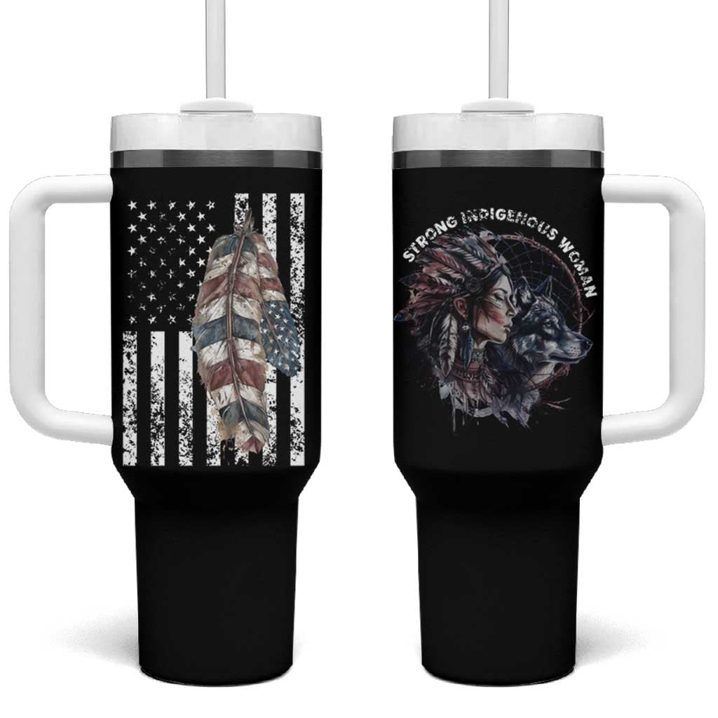 Native American Culture Tumbler With Handle Strong Indigenous Women Feathers USA Flag