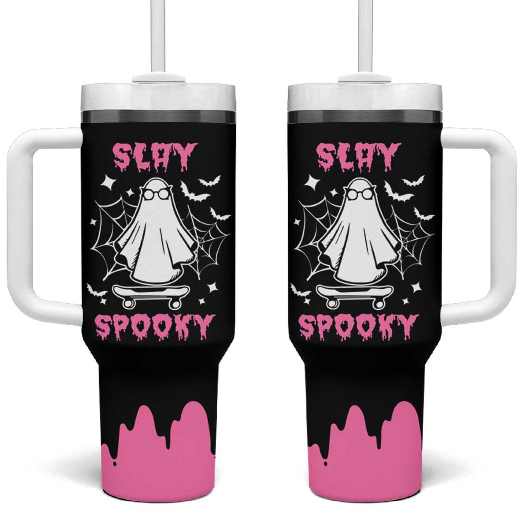 Halloween Ghost Slay Spooky Face Tumbler With Handle Pink Ghosts Funny Decoration Horror Gift - Wonder Print Shop