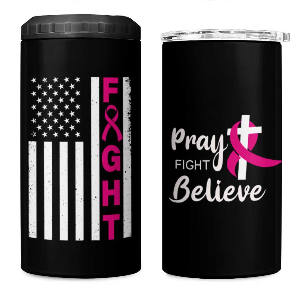 Breast Cancer Awareness 4 in 1 Can Cooler Tumbler Christian Gift Pink Ribbon USA Flag Pray Fight Believe - Wonder Print Shop