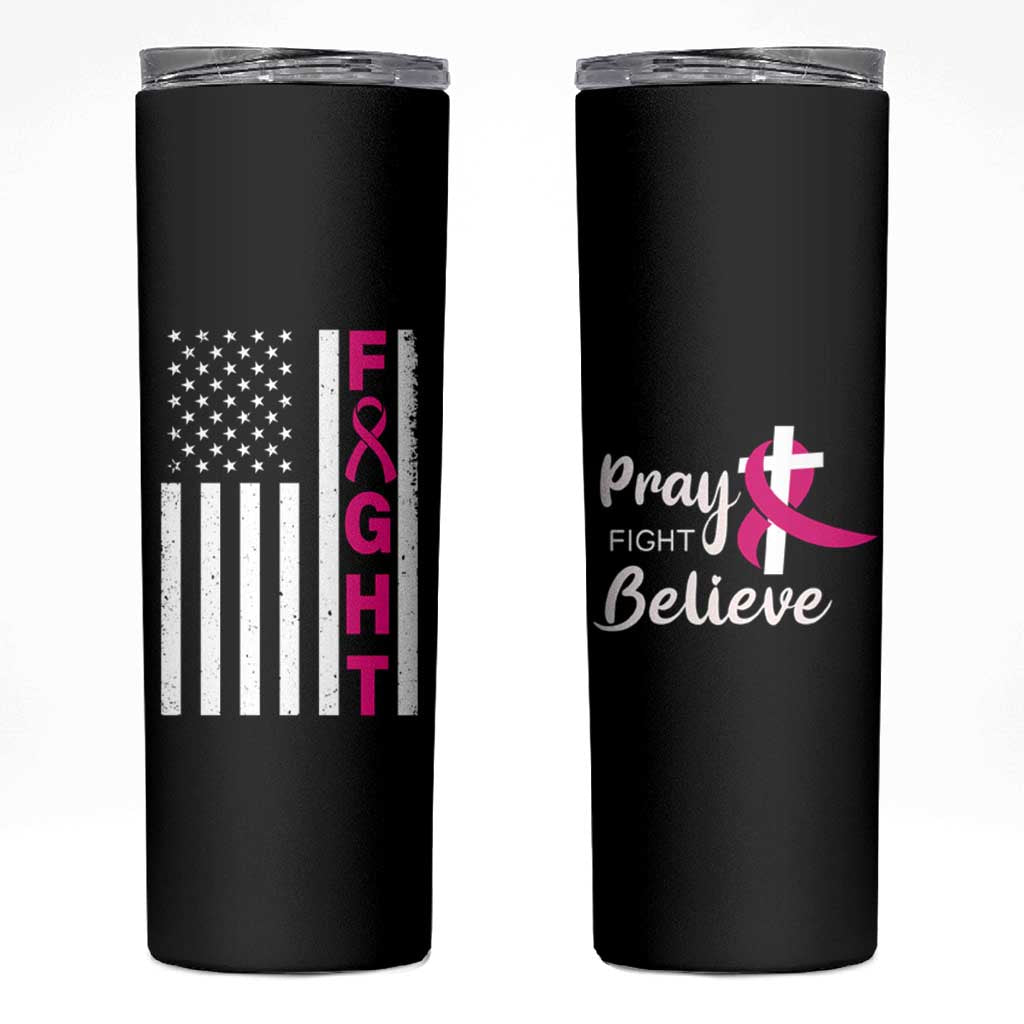 Breast Cancer Awareness Skinny Tumbler Christian Gift Pink Ribbon USA Flag Pray Fight Believe