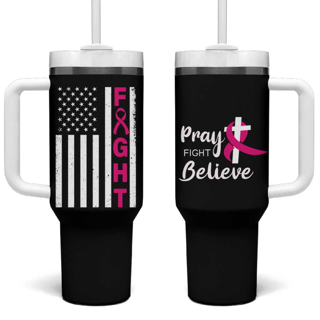 Breast Cancer Awareness Tumbler With Handle Christian Gift Pink Ribbon USA Flag Pray Fight Believe