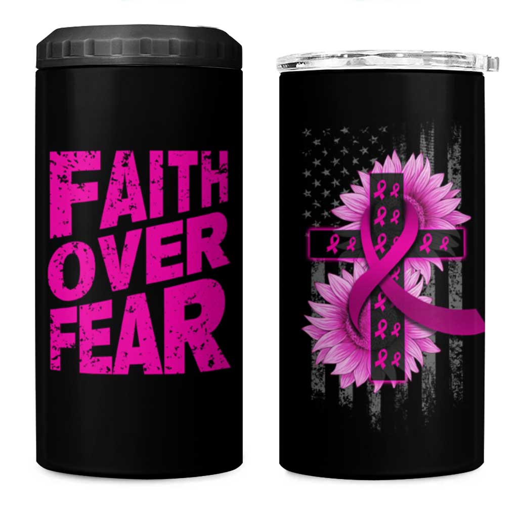 Breast Cancer Awareness 4 in 1 Can Cooler Tumbler Christian Gift Pink Ribbon USA Flag Sunflower Faith Over Fear - Wonder Print Shop