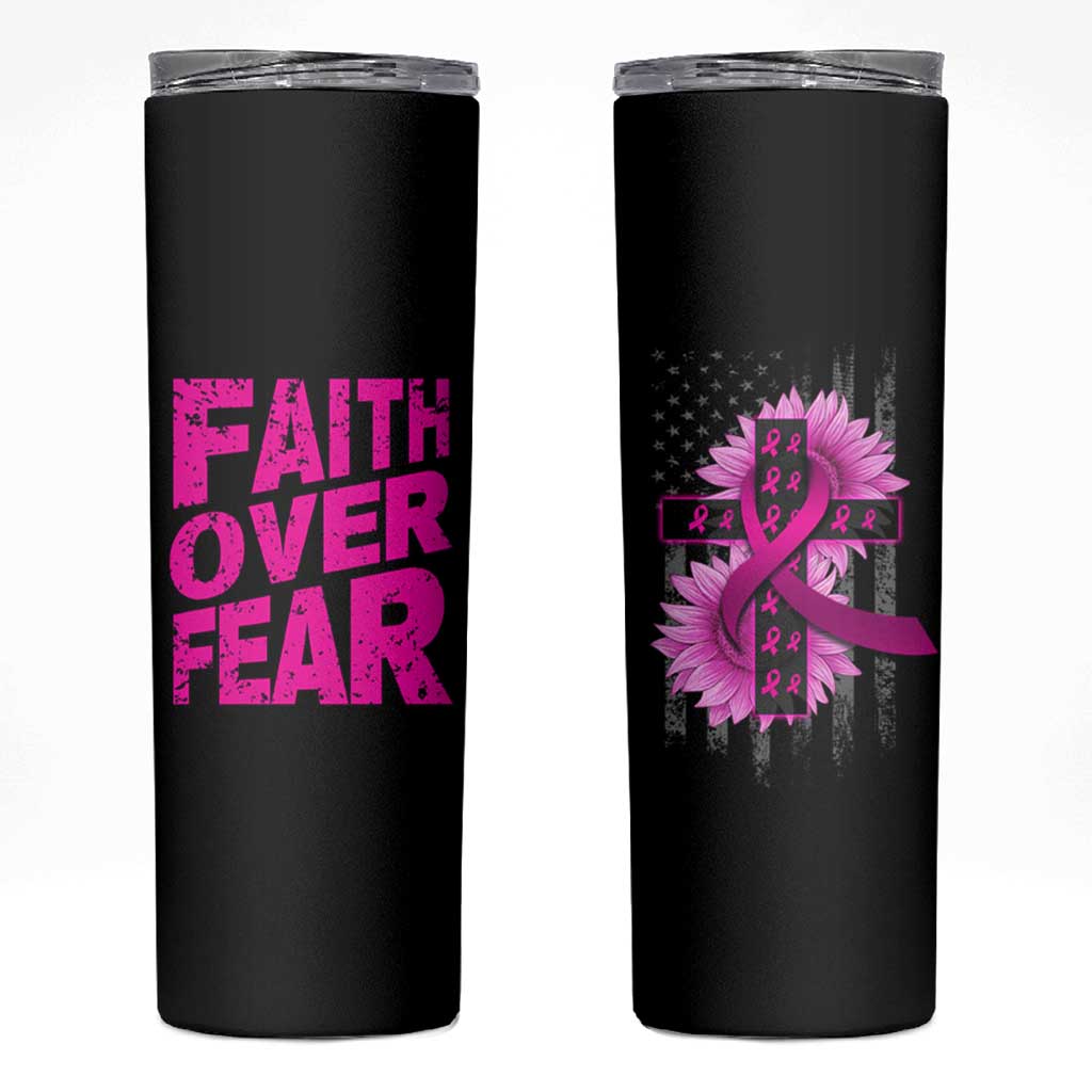 Breast Cancer Awareness Skinny Tumbler Christian Gift Pink Ribbon USA Flag Sunflower Faith Over Fear