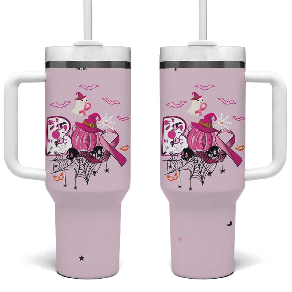 Pink Ghost Halloween Tumbler With Handle Funny Breast Cancer Ribbon