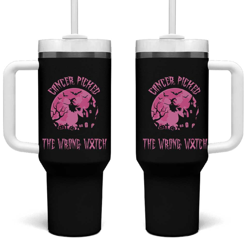 Breast Cancer Awareness Halloween Tumbler With Handle Pink Ribbon Cancer You Picked The Wrong Witch