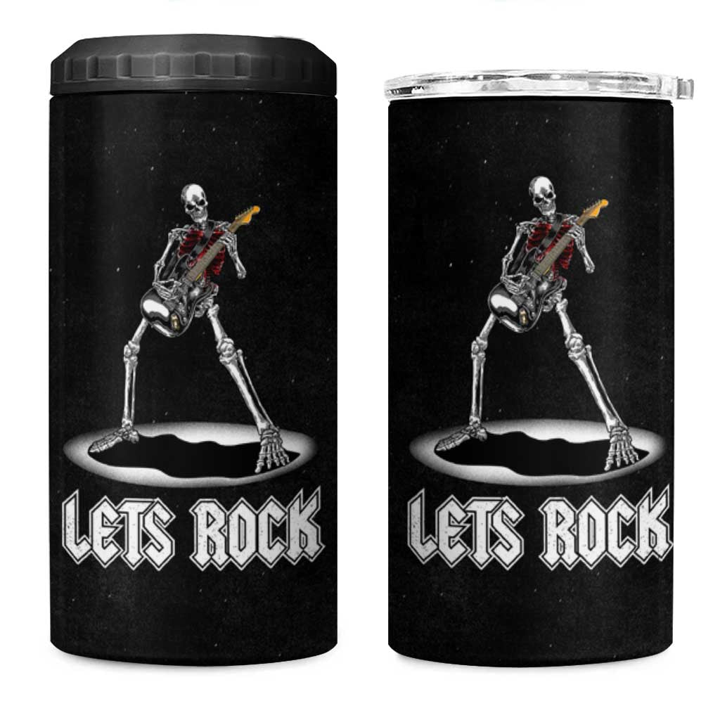 Skeleton Guitar Guy 4 in 1 Can Cooler Tumbler Let's Rock And Roll Band Rock On Vintage Rocker Funny Halloween Gifts - Wonder Print Shop