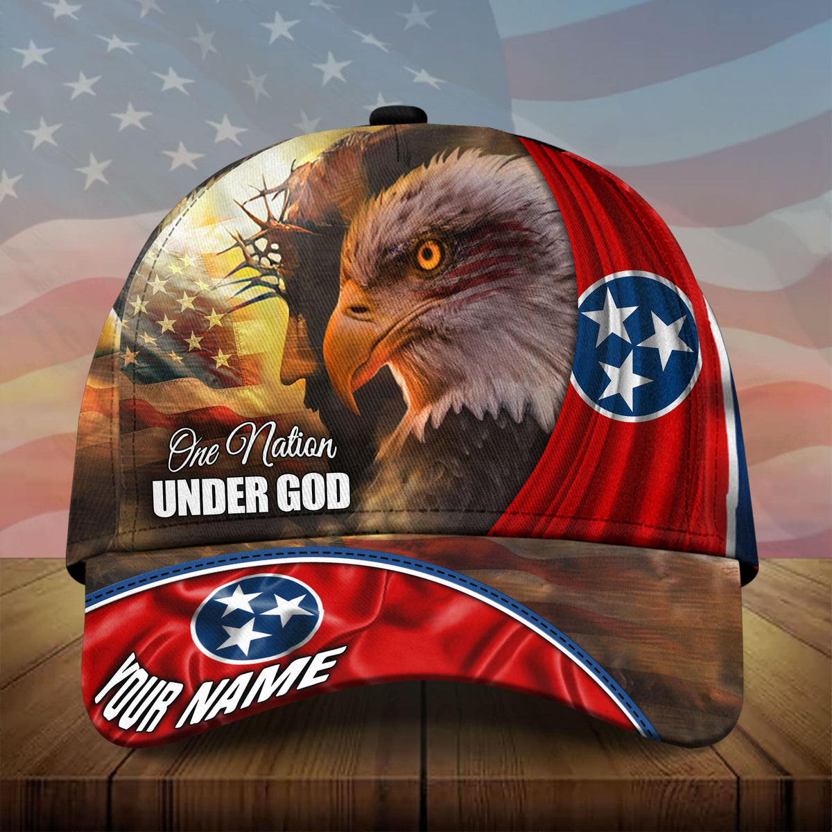 3D eagle baseball cap with 'One Nation Under God' and 'YOUR NAME' on brim